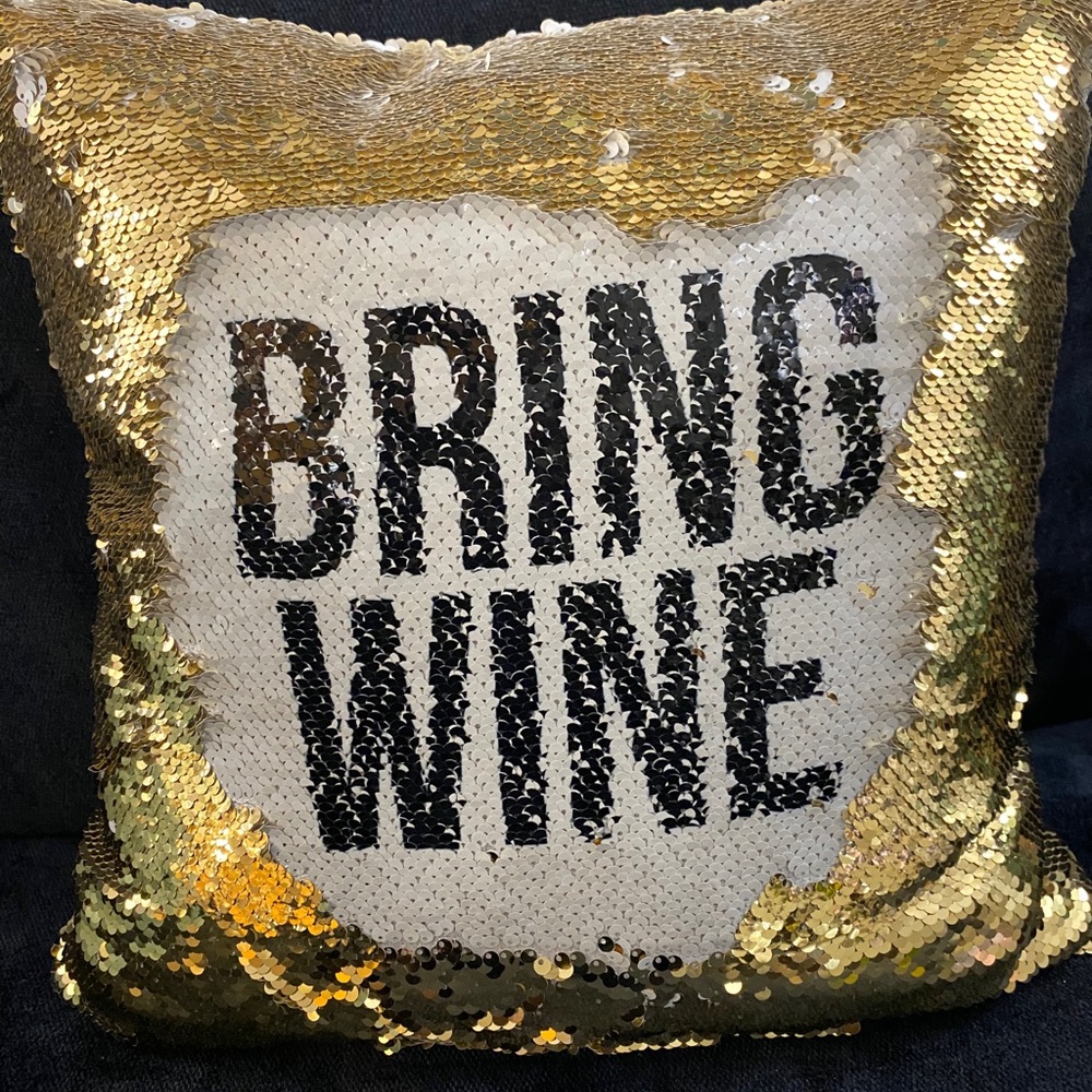 “Bring Wine” Glam sequins hidden message pillow